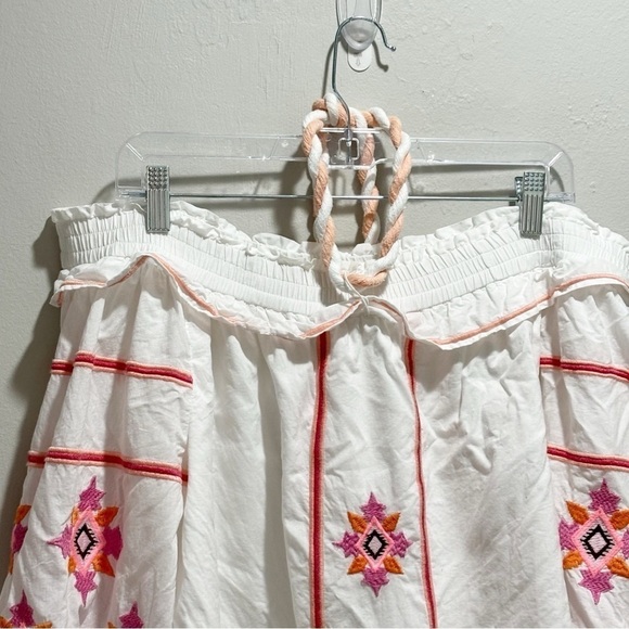 Q & A Women’s White Multi Embroidered Off The Shoulder Ruffle Dress Tie Neck M - Picture 3 of 8